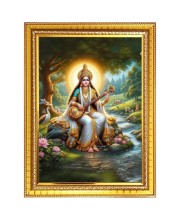 Mata Saraswati Devi Goddess of Knowledge Photo Frame - 14x18 Inches, Brown Wooden Frame for Home, Office & Temple Decoration
