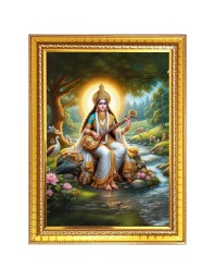 Mata Saraswati Devi Goddess of Knowledge Photo Frame - 14x18 Inches, Brown Wooden Frame for Home, Office & Temple Decoration