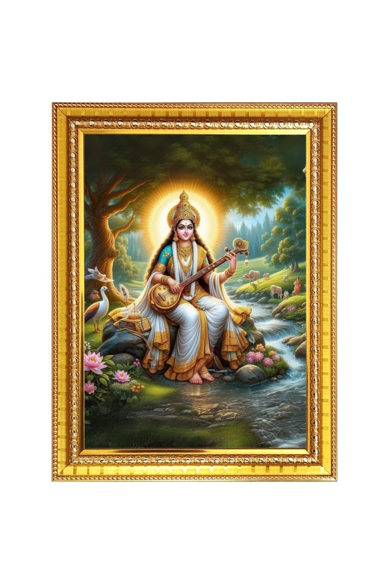 Mata Saraswati Devi Goddess of Knowledge Photo Frame - 14x18 Inches, Brown Wooden Frame for Home, Office & Temple Decoration