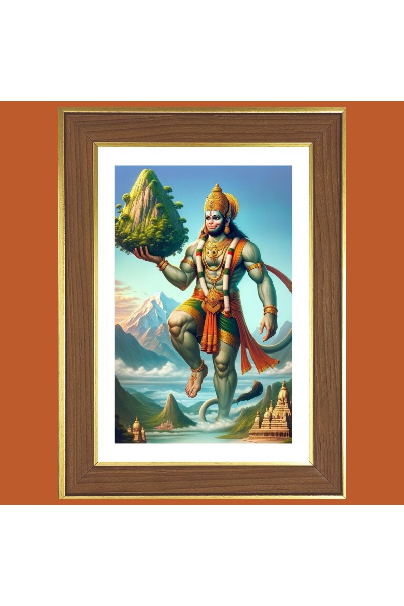 Lord Hanuman Photo Frame - 12x16 Inches, Brown Wooden Frame for Home, Office & Temple Decoration