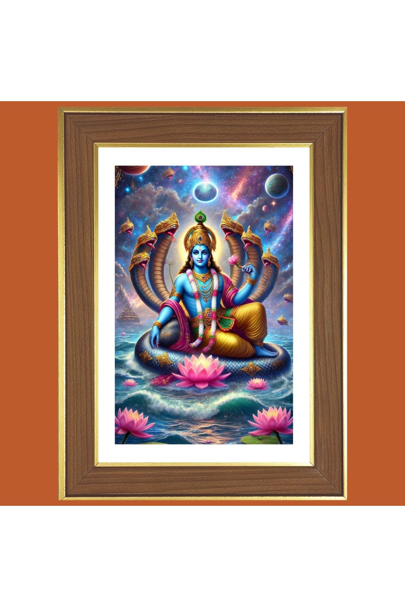 Lord Vishnu Photo Frame - 10x14 Inches, Brown Wooden Frame for Home, Office & Temple Decoration