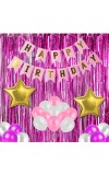 Happy Birthday Decoration Combo Set - 20 Pcs. Metallic Balloons, 1 Star Foil Balloons, 13 Pcs. Birthday Banner, 2 Pcs. Foil Curtain Party Backdrop Kit for Celebrations and Events (Pink)