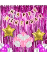 Happy Birthday Decoration Combo Set - 20 Pcs. Metallic Balloons, 1 Star Foil Balloons, 13 Pcs. Birthday Banner, 2 Pcs. Foil Curtain Party Backdrop Kit for Celebrations and Events (Pink)