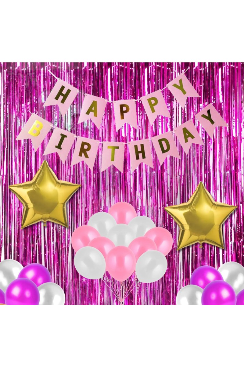 Happy Birthday Decoration Combo Set - 20 Pcs. Metallic Balloons, 1 Star Foil Balloons, 13 Pcs. Birthday Banner, 2 Pcs. Foil Curtain Party Backdrop Kit for Celebrations and Events (Pink)