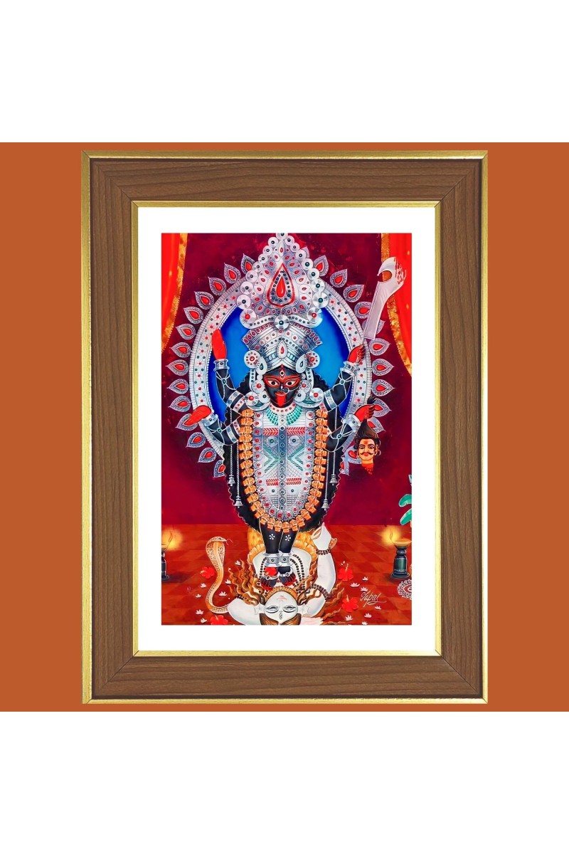 Goddess Kali Photo Frame - 10x14 Inches, Brown Wooden Frame for Home, Office & Temple Decoration