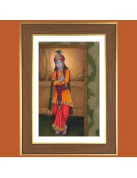 Sri Krishna with Murali Photo Frame - 12x16 Inches, Brown Wooden Frame for Home, Office & Temple Decoration