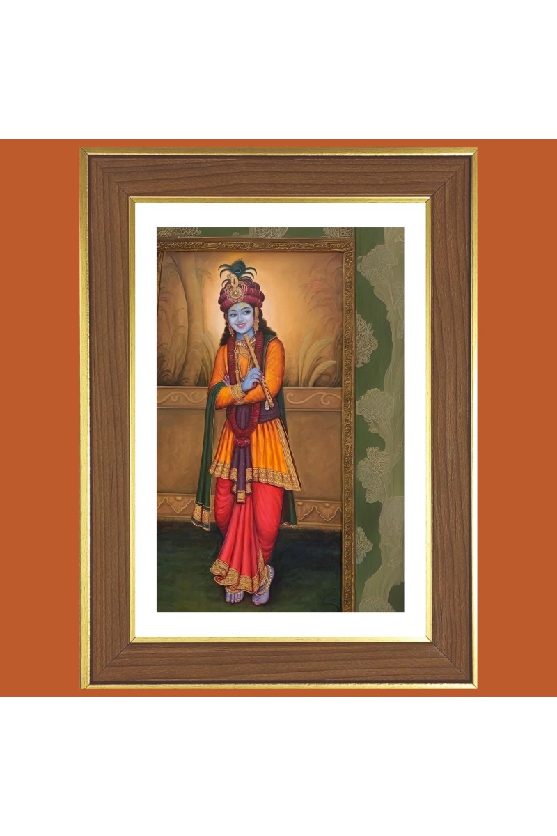 Sri Krishna with Murali Photo Frame - 14x18 Inches, Brown Wooden Frame for Home, Office & Temple Decoration