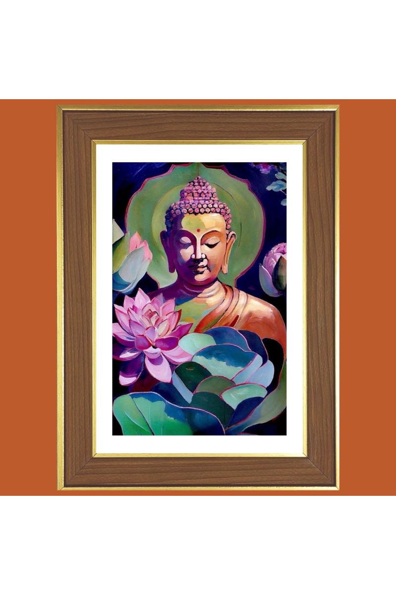 Buddha in calmness state Photo Frame - 12x16 Inches, Brown Wooden Frame for Home, Office & Temple Decoration