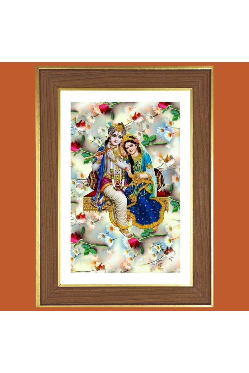 Sri krishna and Radha Photo Frame - 14x18 Inches, Brown Wooden Frame for Home, Office & Temple Decoration