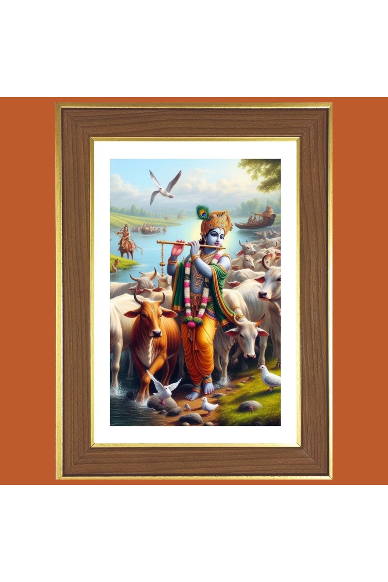 Shri Krishna Playing Flute With Cows Photo Frame - 12x16 Inches, Brown Wooden Frame for Home, Office & Temple decoration