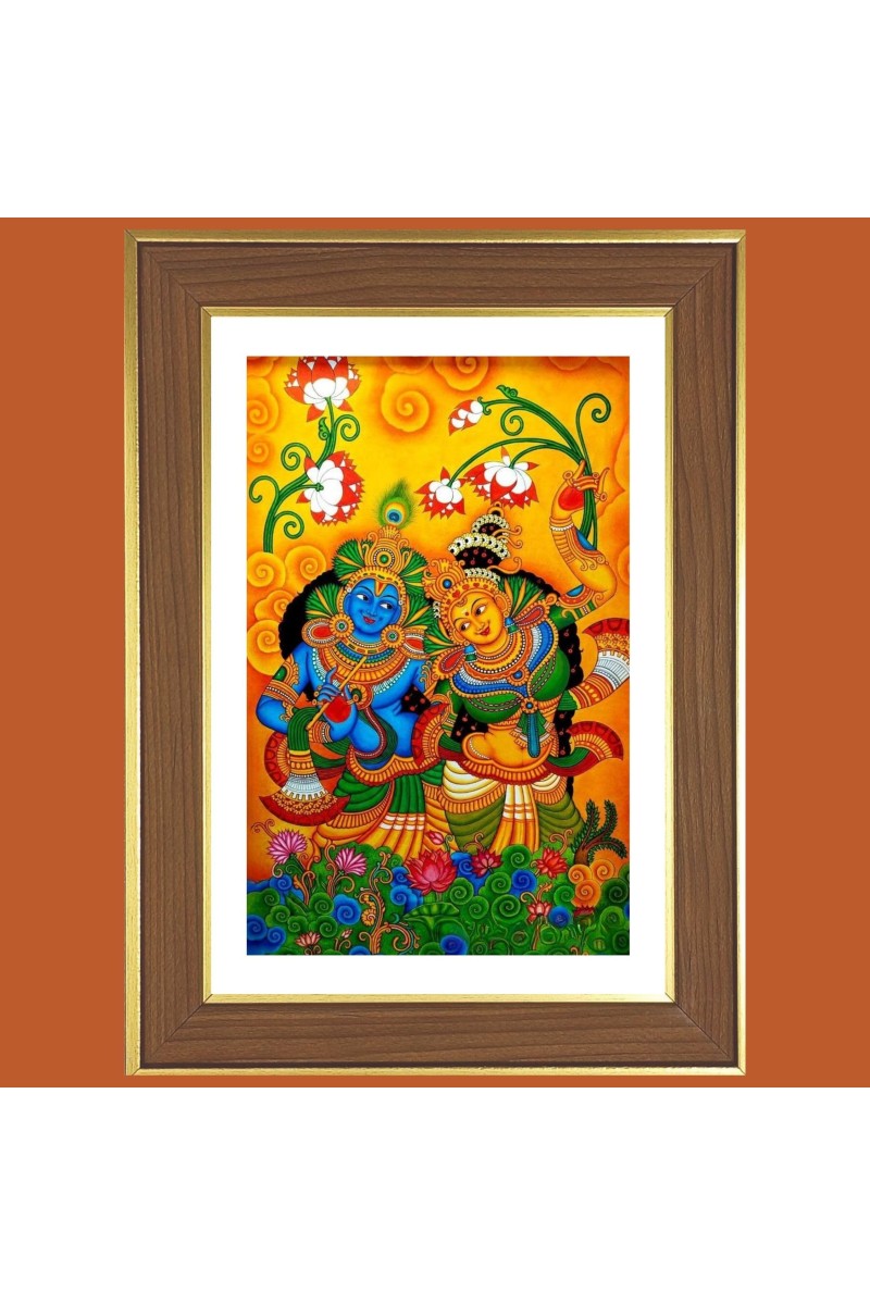 Radha Krishna Design Photo Frame - 12x16 Inches, Brown Wooden Frame for Home, Office & Temple decoration