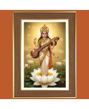 Goddess Saraswati maa Photo Frame - 12x16 Inches, Brown Wooden Frame for Home, Office & Temple Decoration