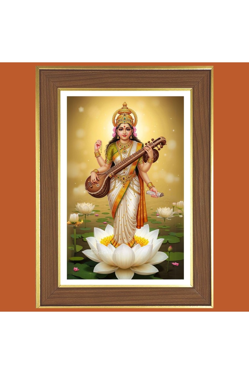 Goddess Saraswati maa Photo Frame - 10x14 Inches, Brown Wooden Frame for Home, Office & Temple Decoration