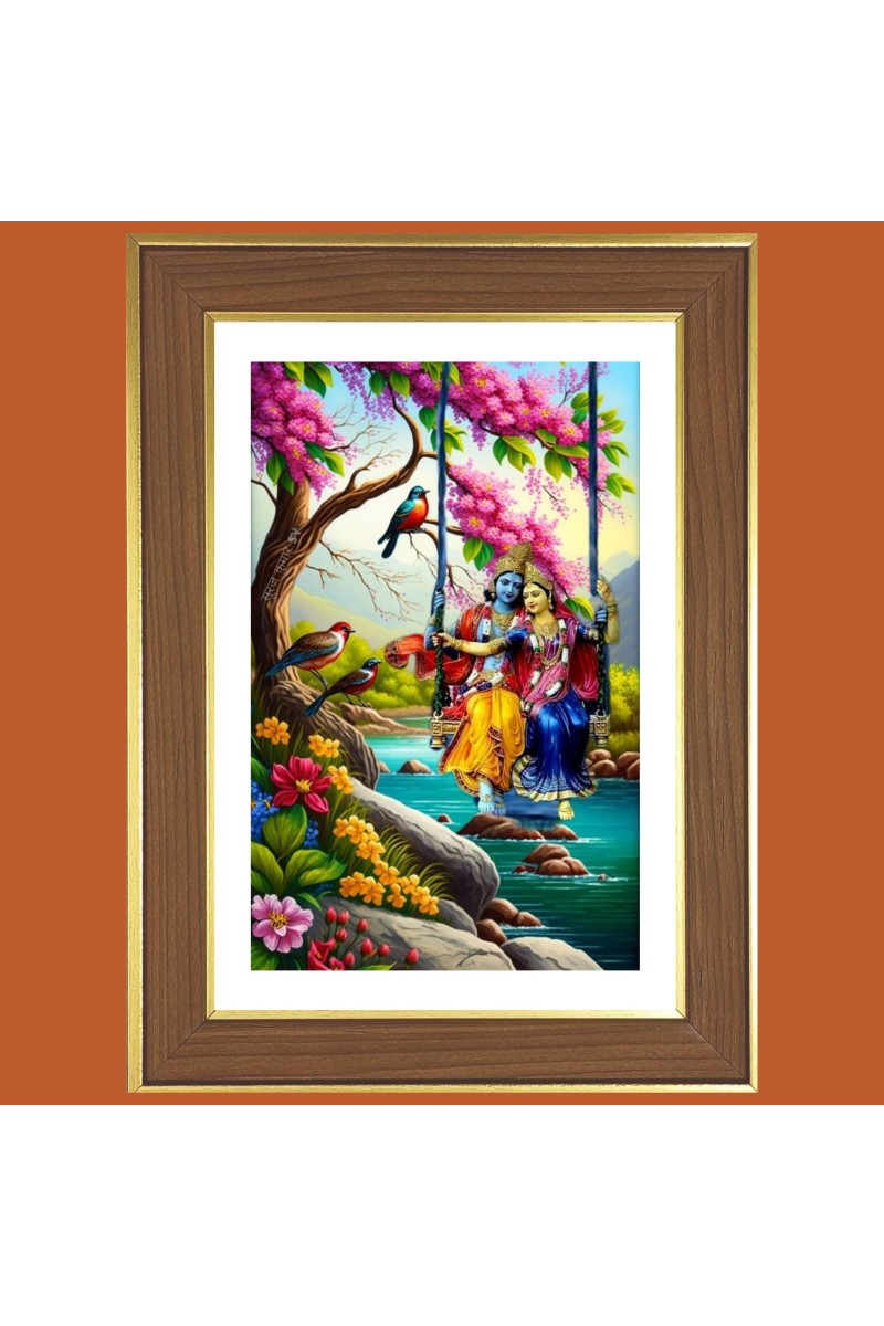 Radha Krishna Photo Frame - 12x16 Inches, Brown Wooden Frame for Home, Office & Temple decoration