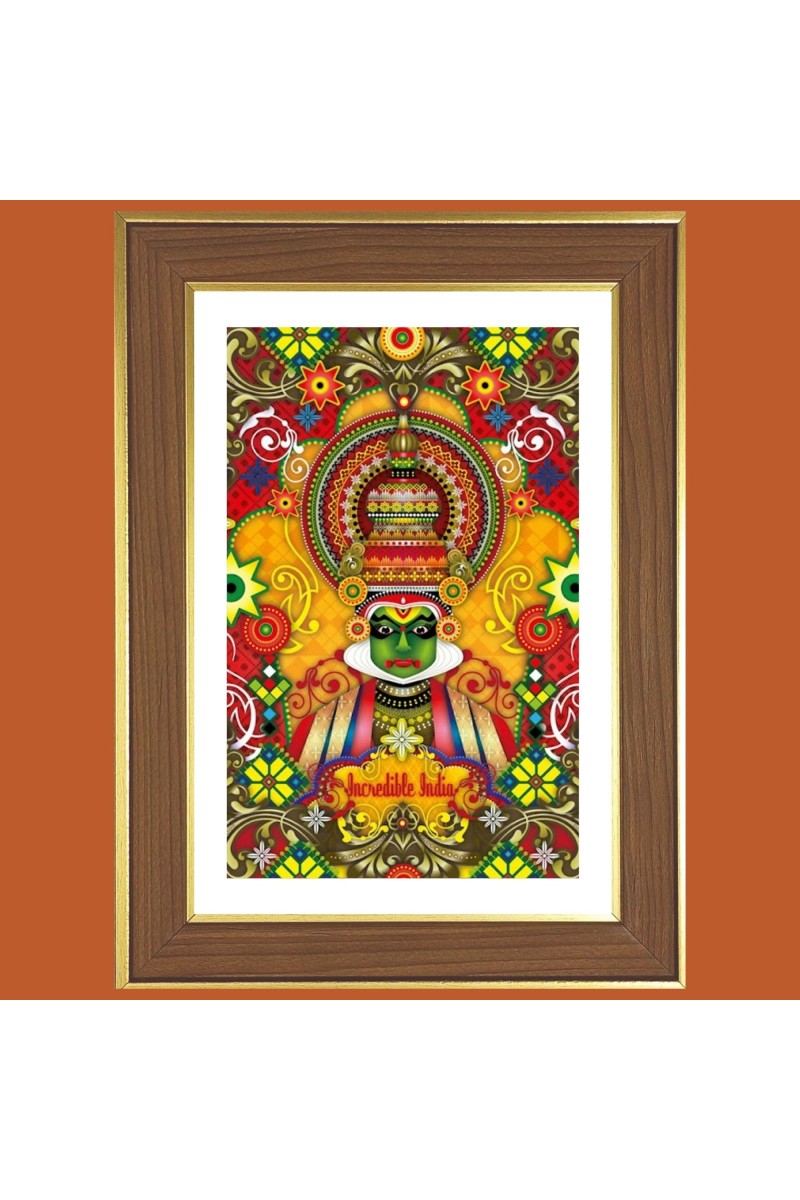 Kathakali Classical Dance Photo Frame - 10x14 Inches, Brown Wooden Frame for Home, Office & Temple Decoration