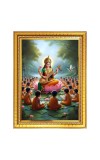 Goddess Maa Saraswati Sitting on Flower Photo Frame - 10x14 Inches, Brown Wooden Frame for Home, Office & Temple Decoration