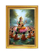 Goddess Maa Saraswati Sitting on Flower Photo Frame - 10x14 Inches, Brown Wooden Frame for Home, Office & Temple Decoration
