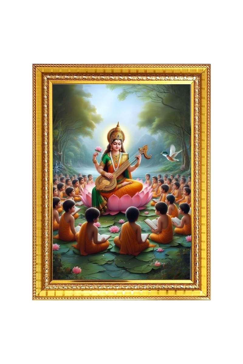 Goddess Maa Saraswati Sitting on Flower Photo Frame - 10x14 Inches, Brown Wooden Frame for Home, Office & Temple Decoration