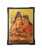 Hitech Sales Hindu God Shiv and Goddess Parvati Gold Plated Wooden Laminated Photo Frame 5x7 Inch Decorative Frame for Home, Office, and Temple