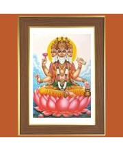 Lord Brahma on Lotus Photo Frame - 10x14 Inches, Brown Wooden Frame for Home, Office & Temple Decoration