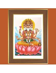Lord Brahma on Lotus Photo Frame - 12x16 Inches, Brown Wooden Frame for Home, Office & Temple Decoration
