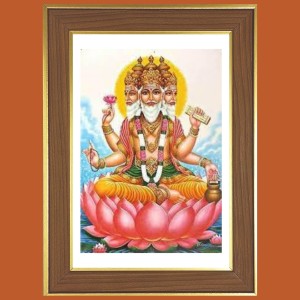 Lord Brahma on Lotus Photo Frame - 10x14 Inches, Brown Wooden Frame for Home, Office & Temple Decoration