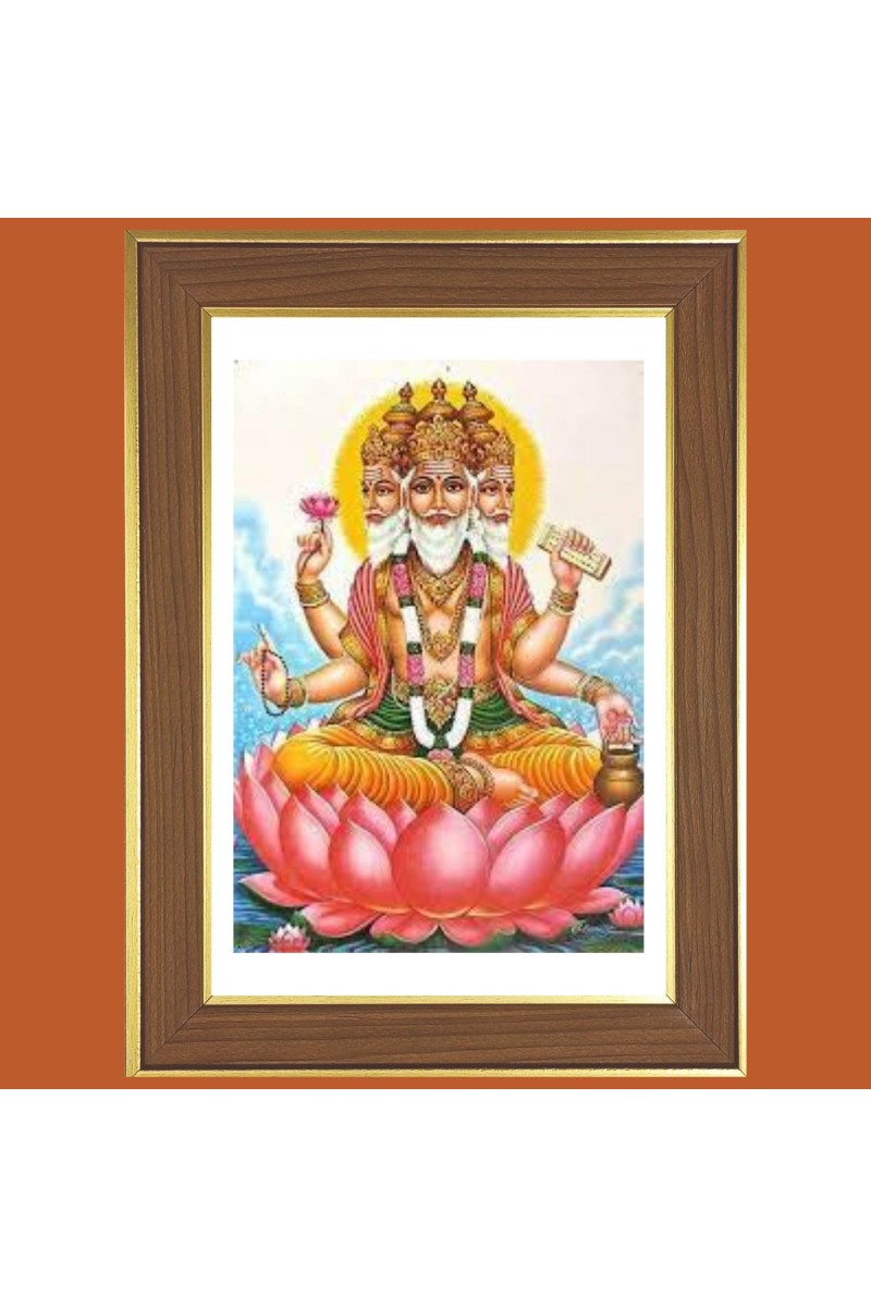 Lord Brahma on Lotus Photo Frame - 12x16 Inches, Brown Wooden Frame for Home, Office & Temple Decoration