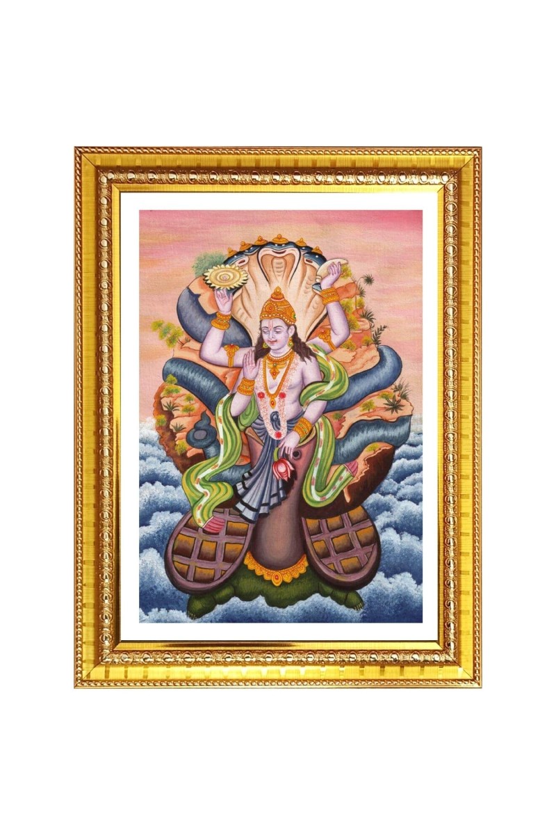 Lord Vishnu Photo Frame - 10x14 Inches, Brown Wooden Frame for Home, Office & Temple Decoration
