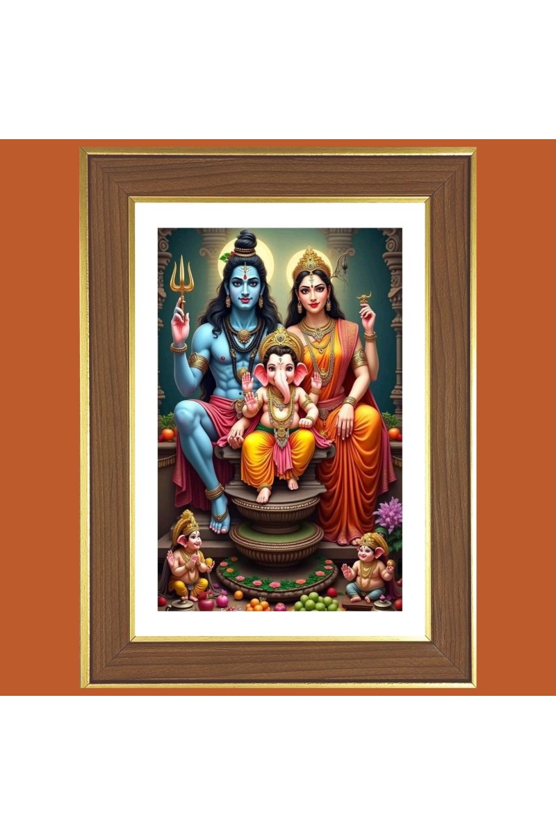 Lord Shiva and Parvathi and ganesha Photo Frame - 12x16 Inches, Brown Wooden Frame for Home, Office & Temple Decoration