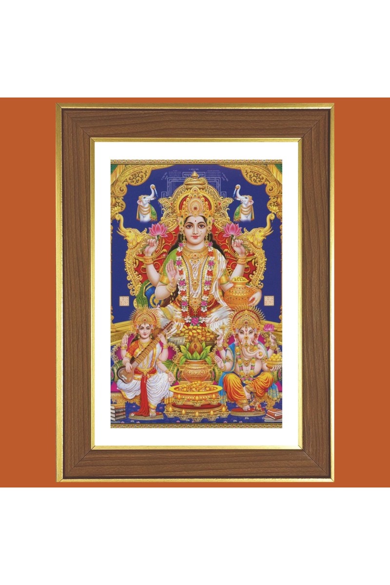 Lakshmi and Saraswathi and Ganesha Photo Frame - 10x14 Inches, Brown Wooden Frame for Home, Office & Temple Decoration