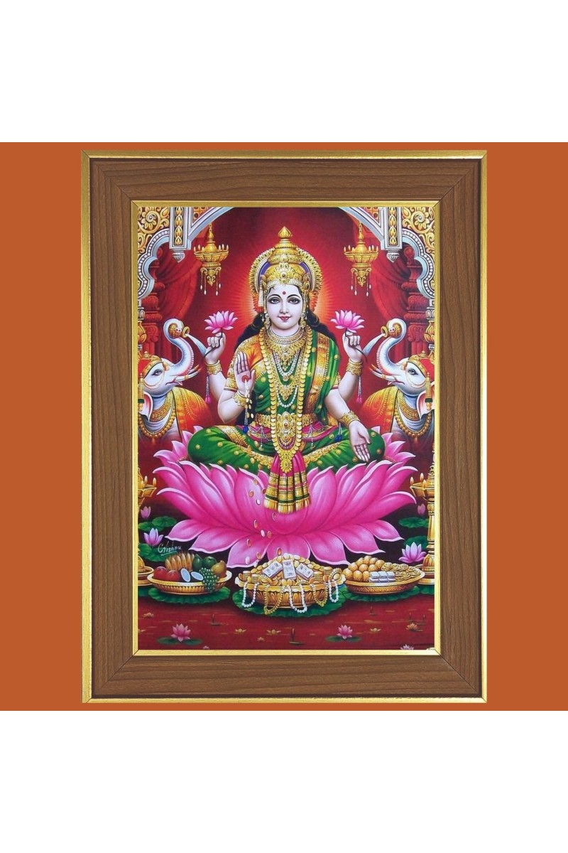 Goddess Laxmi Photo Frame - 10x14 Inches, Brown Wooden Frame for Home, Office & Temple Decoration