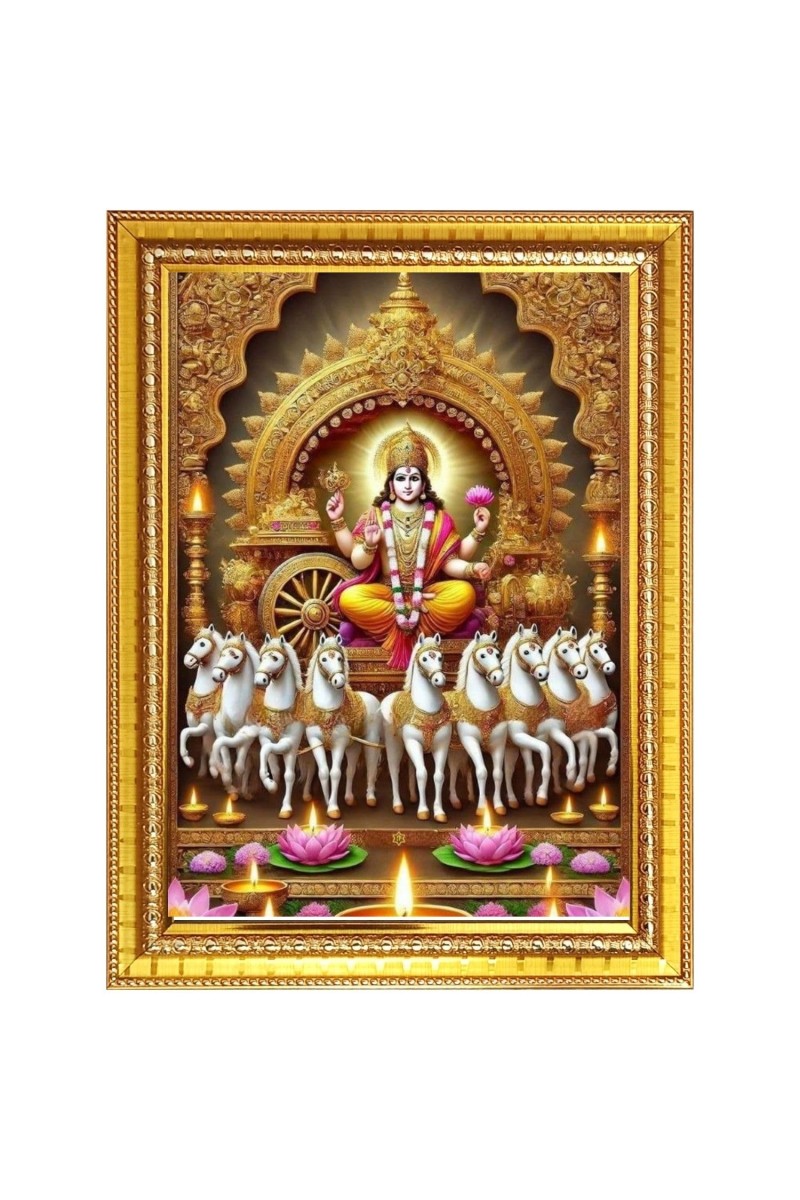 Lord surya dev Photo Frame - 12x16 Inches, Brown Wooden Frame for Home, Office & Temple Decoration