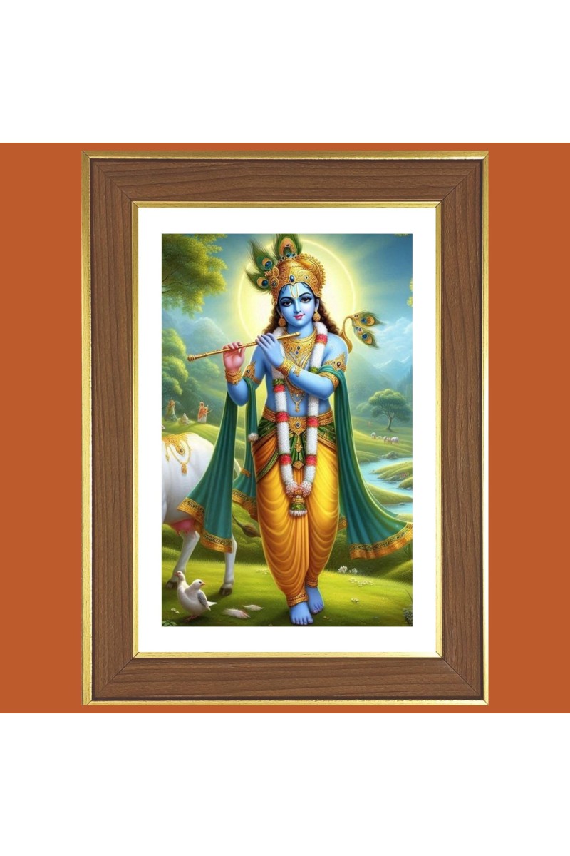 Lord Krishna Photo Frame - 10x14 Inches, Brown Wooden Frame for Home, Office & Temple decoration