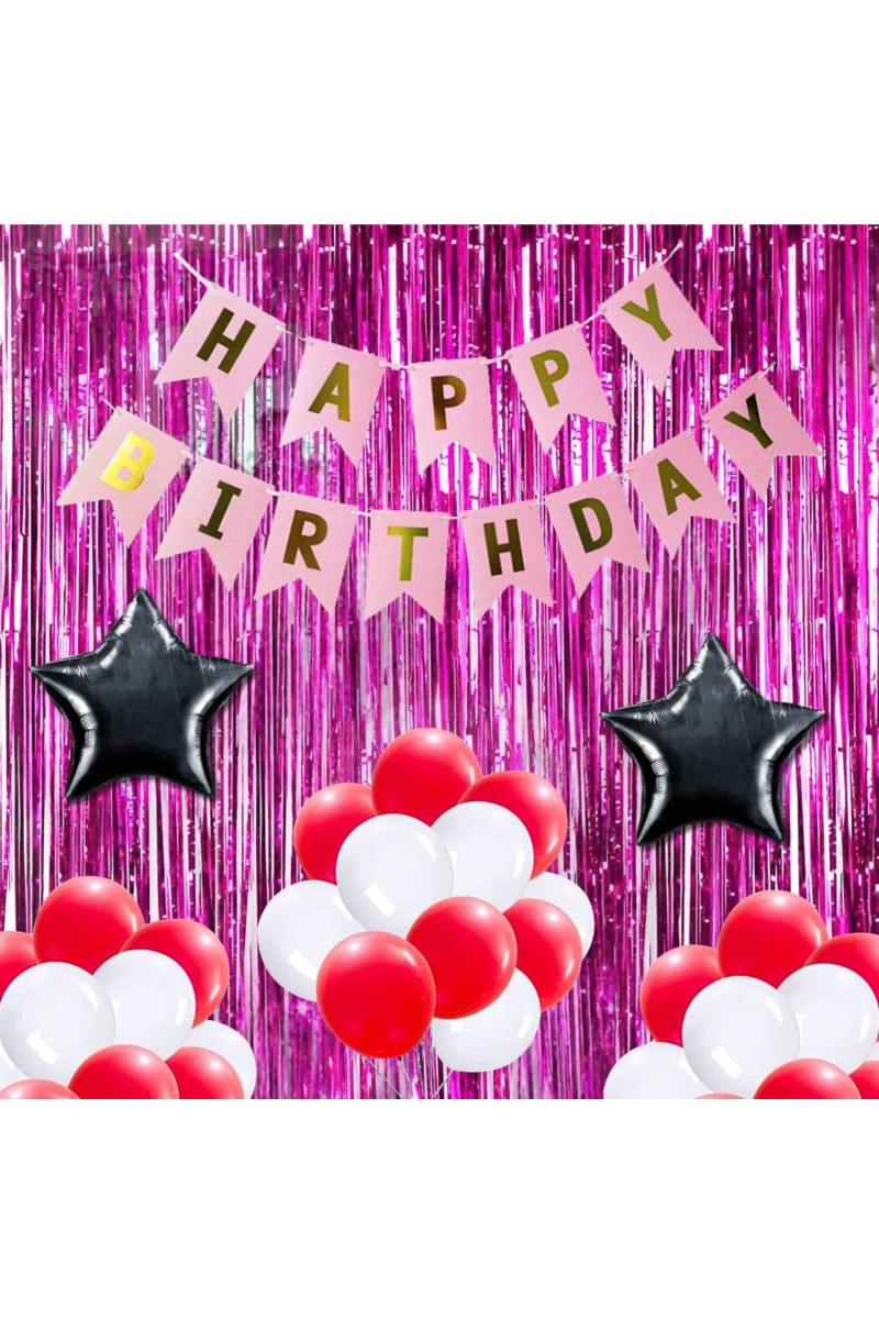 Happy Birthday Decoration Combo Set - 20 Pcs. Metallic Balloons, 1 Star Foil Balloons, 13 Pcs. Birthday Banner, 2 Pcs. Foil Curtain Party Backdrop Kit for Celebrations and Events (Mixture)