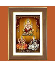 Ganesha and Lakshmi and Saraswathi Photo Frame - 10x14 Inches, Brown Wooden Frame for Home, Office & Temple Decoration