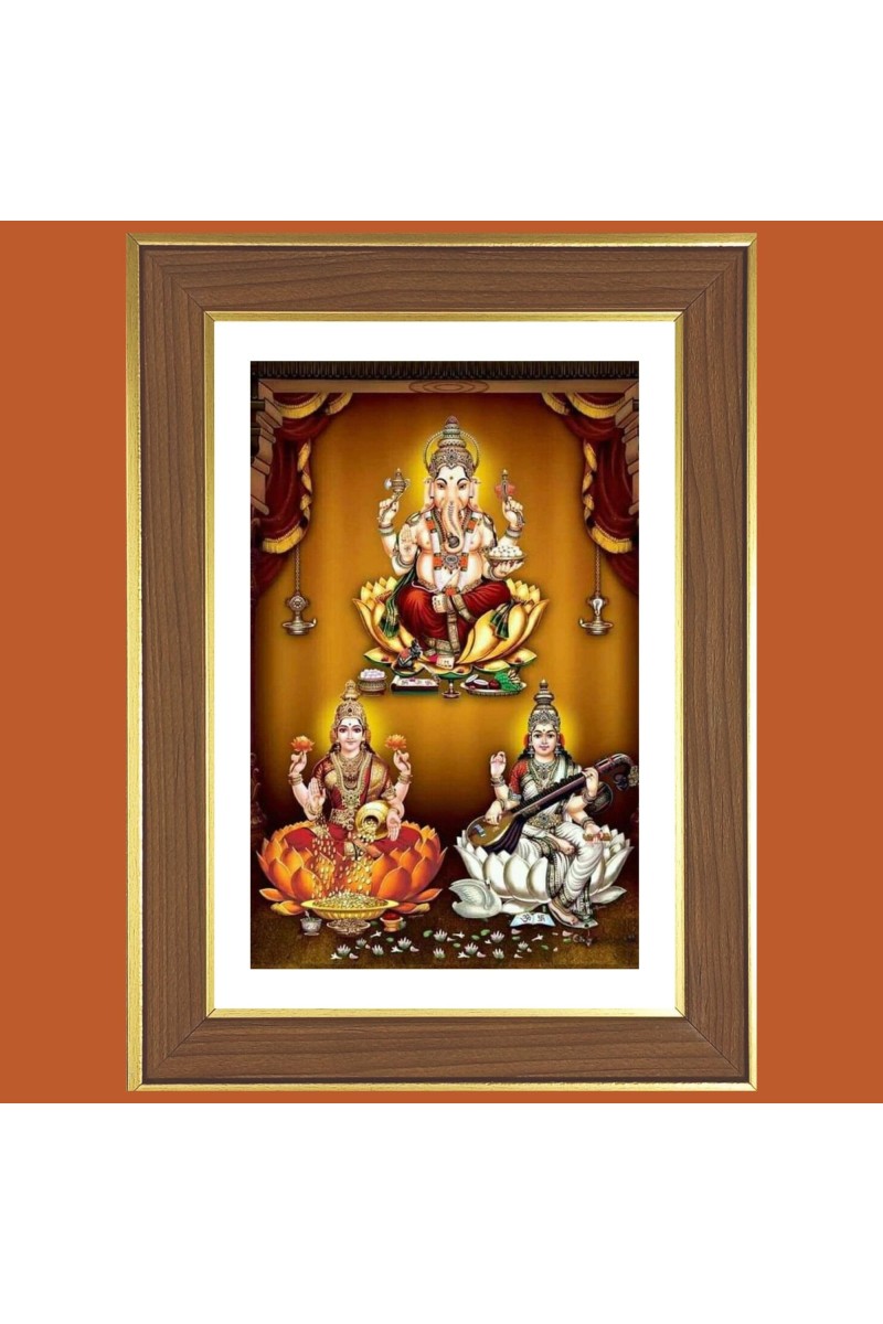Ganesha and Lakshmi and Saraswathi Photo Frame - 12x16 Inches, Brown Wooden Frame for Home, Office & Temple Decoration