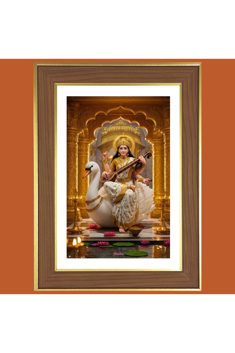 Goddess Saraswati Photo Frame - 10x14 Inches, Brown Wooden Frame for Home, Office & Temple Decoration
