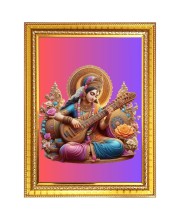 Goddess Maa Saraswati Photo Frame - 10x14 Inches, Brown Wooden Frame for Home, Office & Temple Decoration