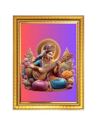 Goddess Maa Saraswati Photo Frame - 10x14 Inches, Brown Wooden Frame for Home, Office & Temple Decoration