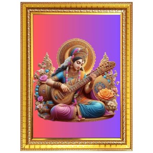 Goddess Maa Saraswati Photo Frame - 10x14 Inches, Brown Wooden Frame for Home, Office & Temple Decoration