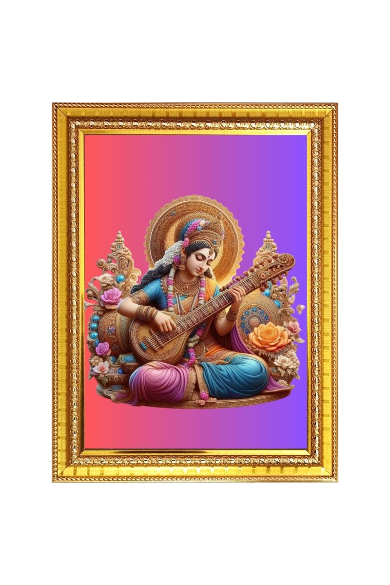 Goddess Maa Saraswati Photo Frame - 14x18 Inches, Brown Wooden Frame for Home, Office & Temple Decoration