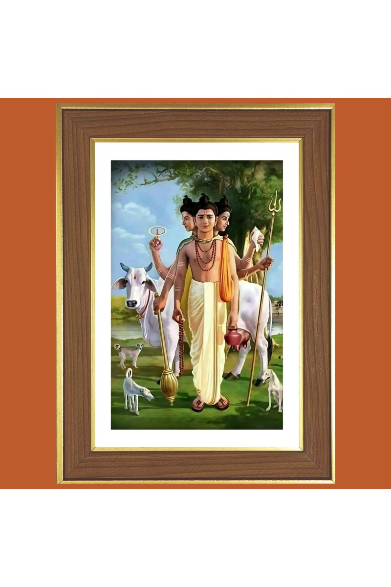 God Dattatreya Photo Frame - 10x14 Inches, Brown Wooden Frame for Home, Office & Temple Decoration