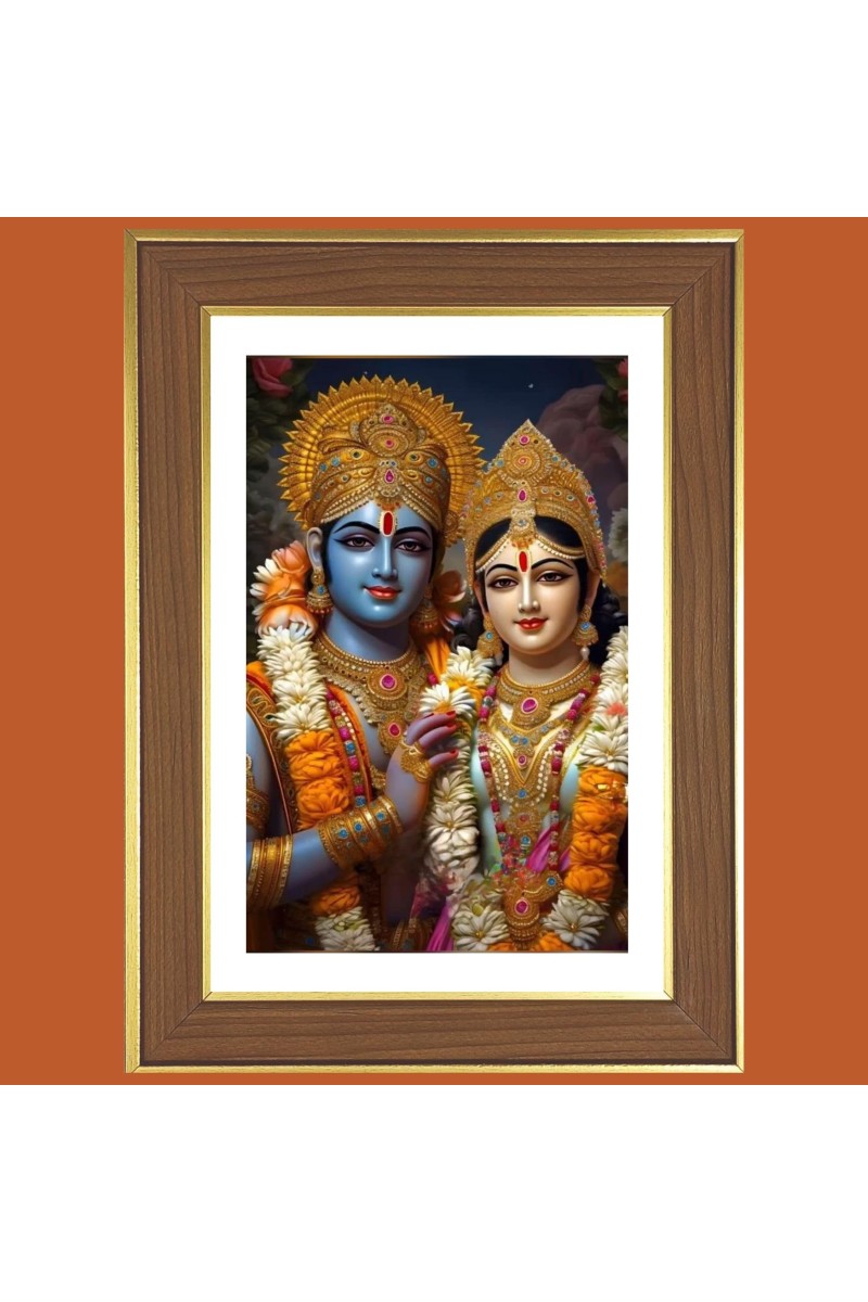 Radha and Krishna Photo Frame - 10x14 Inches, Brown Wooden Frame for Home, Office & Temple decoration