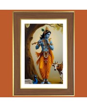 Lord Sri Krishna Photo Frame - 10x14 Inches, Brown Wooden Frame for Home, Office & Temple Decoration