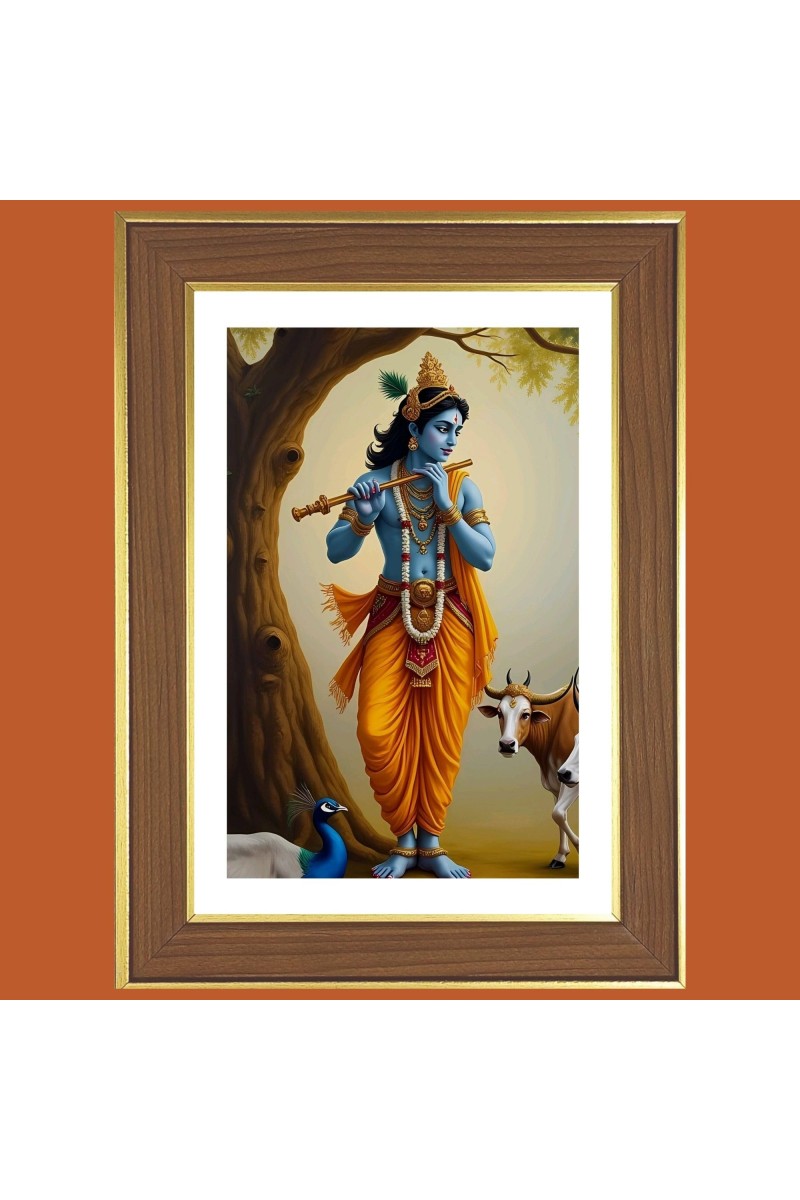 Lord Sri Krishna Photo Frame - 10x14 Inches, Brown Wooden Frame for Home, Office & Temple Decoration