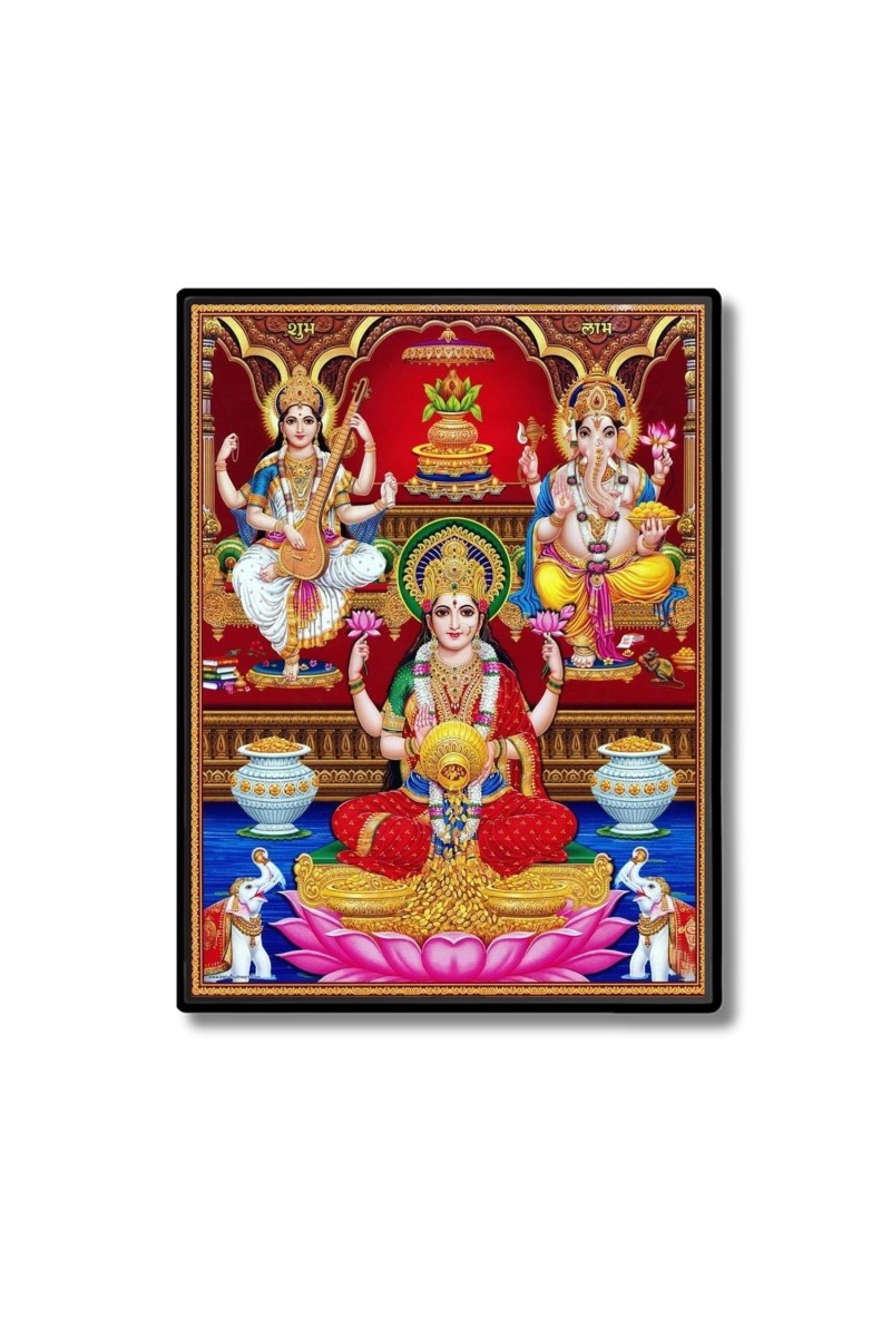 Lakshmi Saraswati & Ganesh Laminated Photo - 5x7 Inches, Divine Blessings for Home & Office and Temple Decoration
