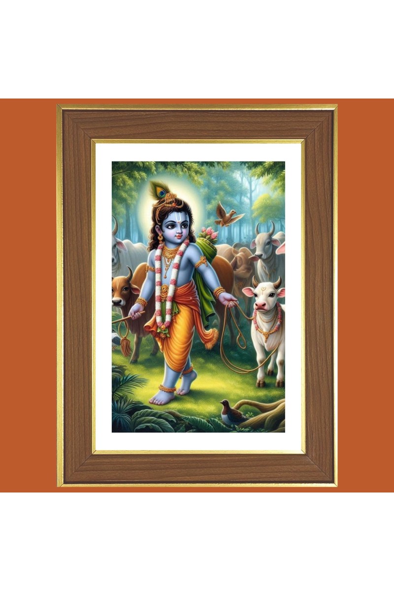 Little Krishna Photo Frame - 10x14 Inches, Brown Wooden Frame for Home, Office & Temple decoration