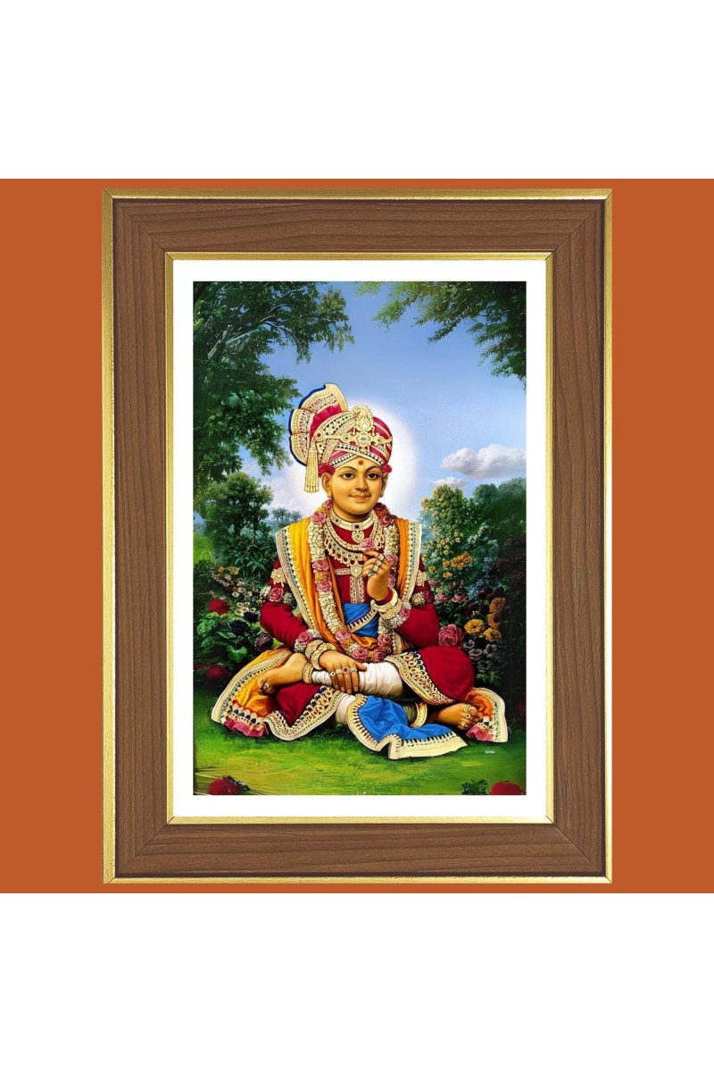 Swaminarayan Photo Frame - 10x14 Inches, Brown Wooden Frame for Home, Office & Temple Decoration