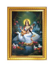 maa saraswati Photo Frame - 10x14 Inches, Brown Wooden Frame for Home, Office & Temple Decoration