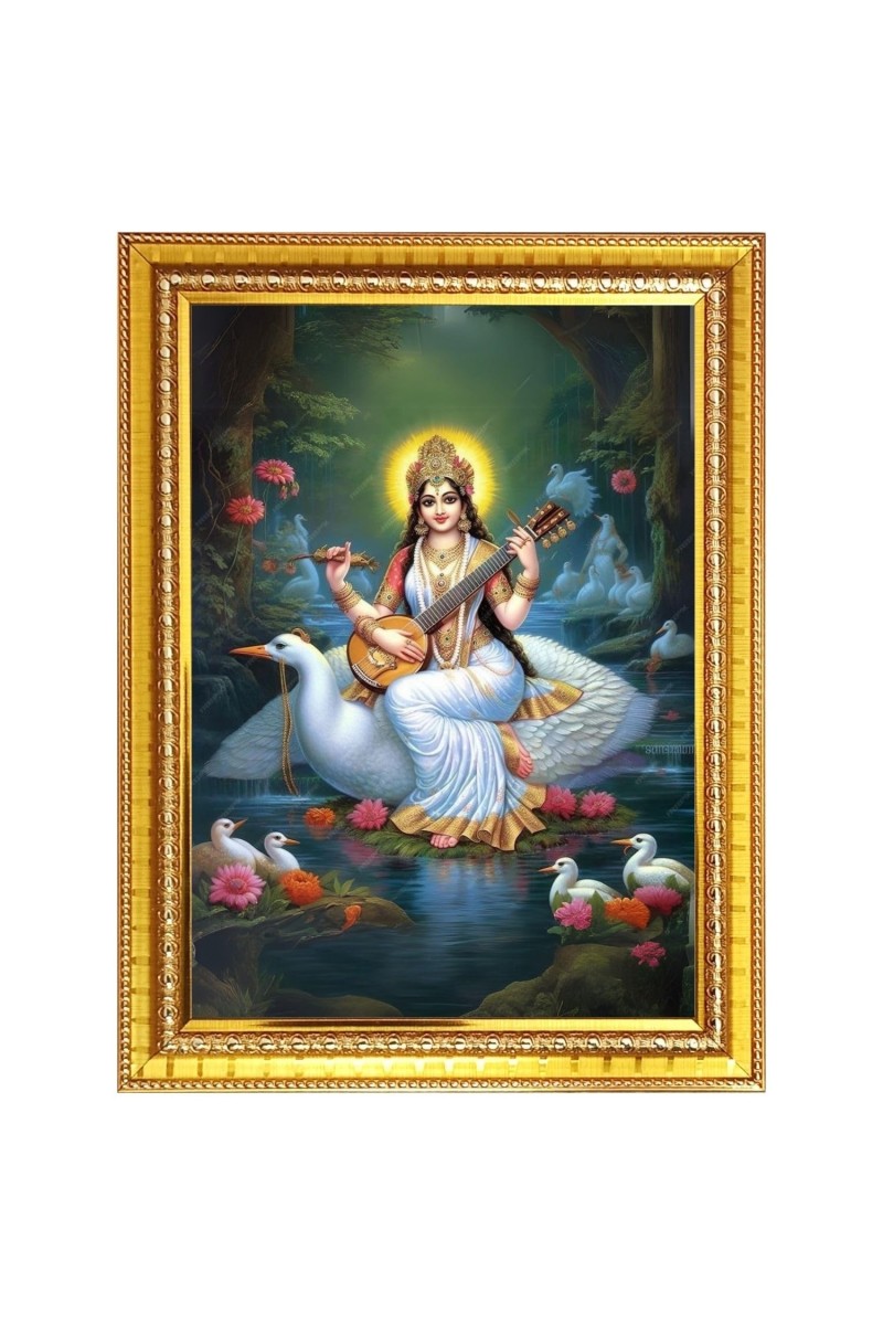 maa saraswati Photo Frame - 12x16 Inches, Brown Wooden Frame for Home, Office & Temple Decoration